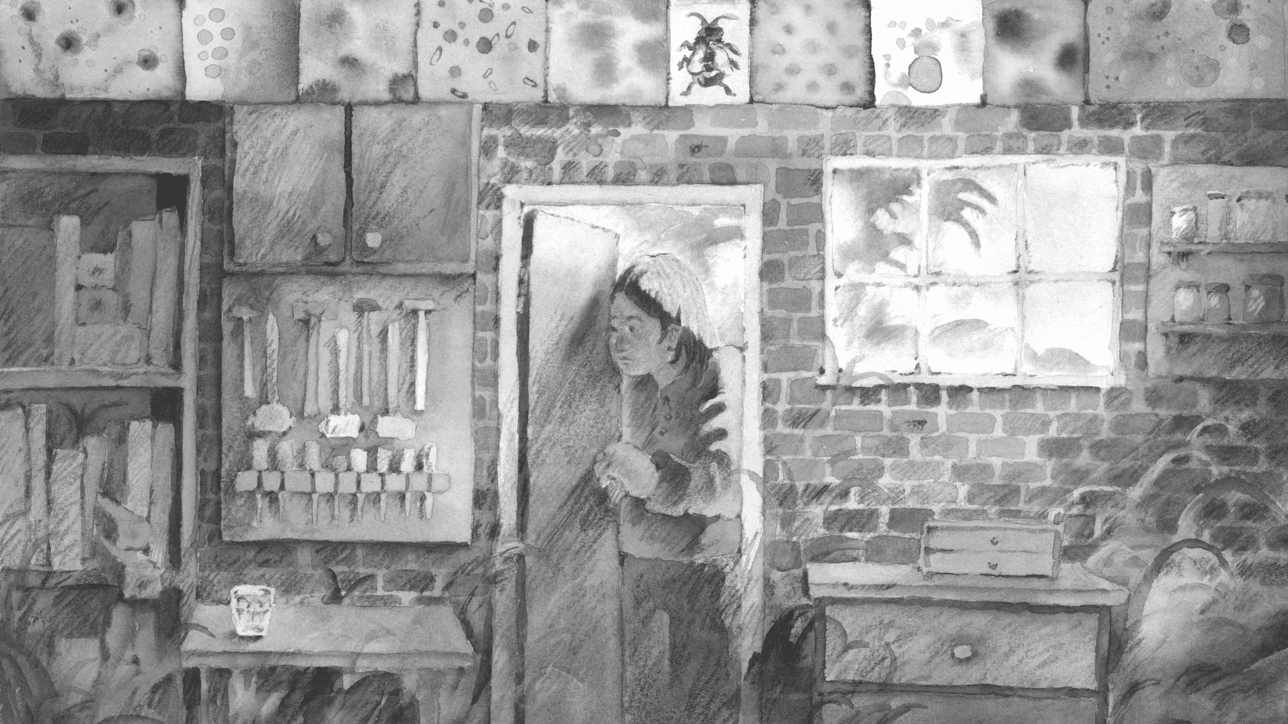 A drawing of a person opening the door and looking into a room full of tools and plants