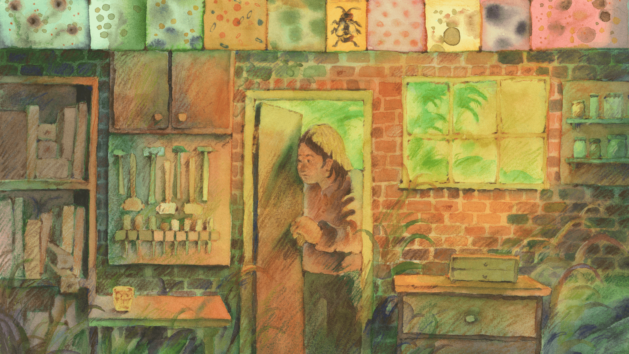 A drawing of a person opening the door and looking into a room full of tools and plants