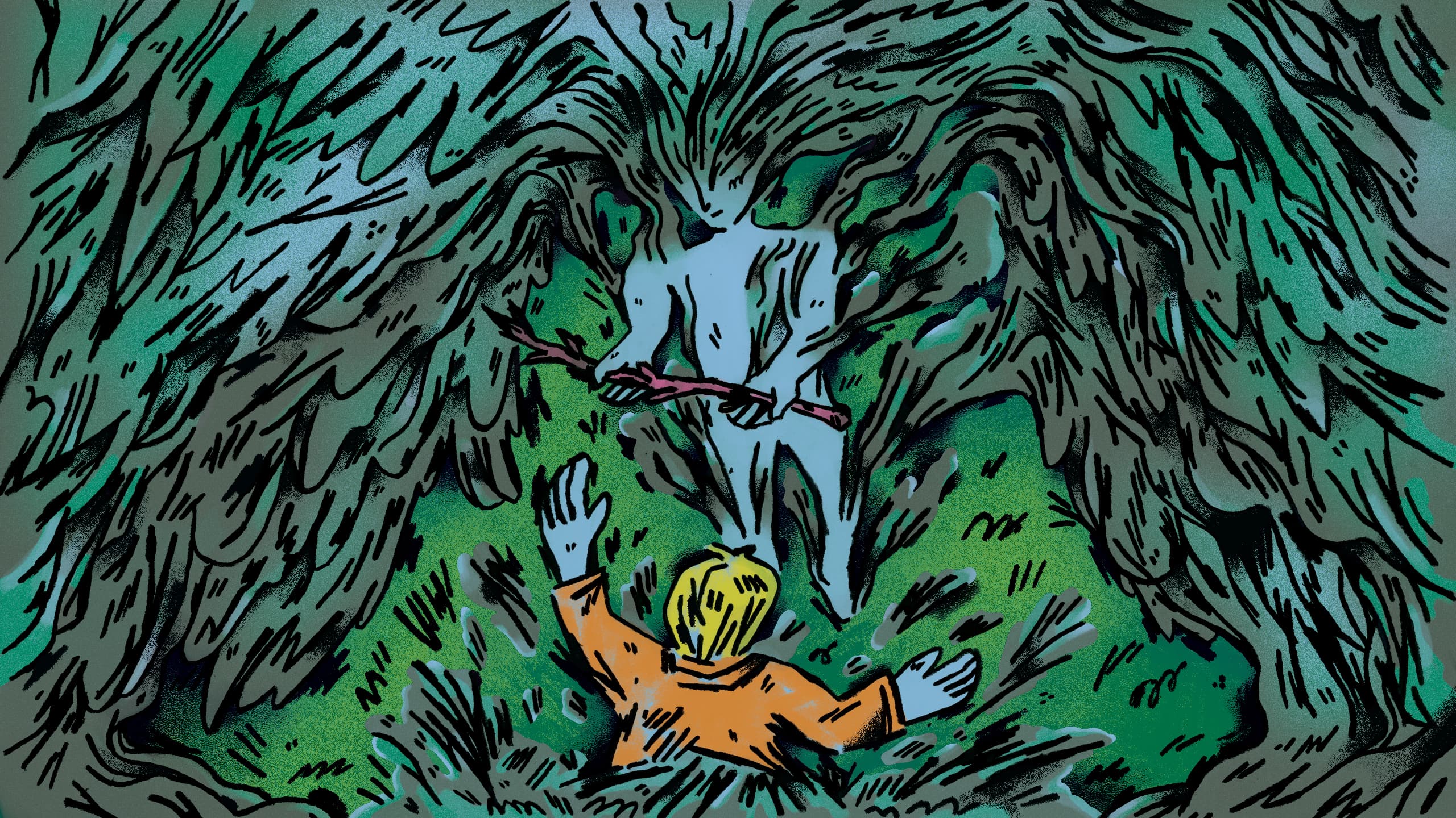 A drawing of a plant figure with a stick in hand interacting with a blonde figure