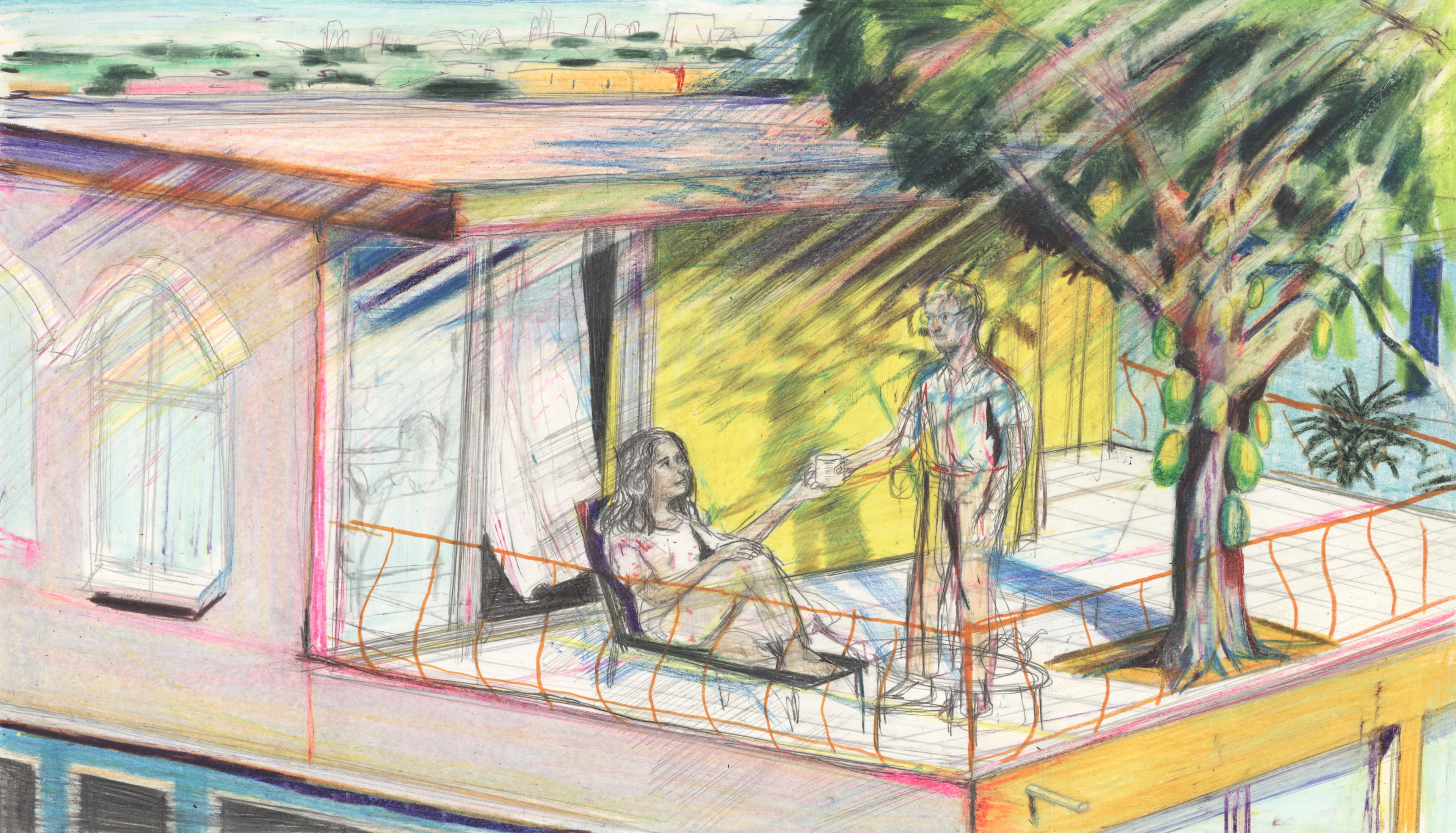 A drawing of two people conversing, one reclining on a chair, the other standing, on a balcony of a building