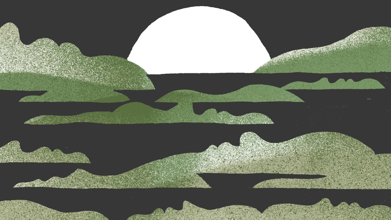 A drawing of a sun rising, obscured by textured green mounds