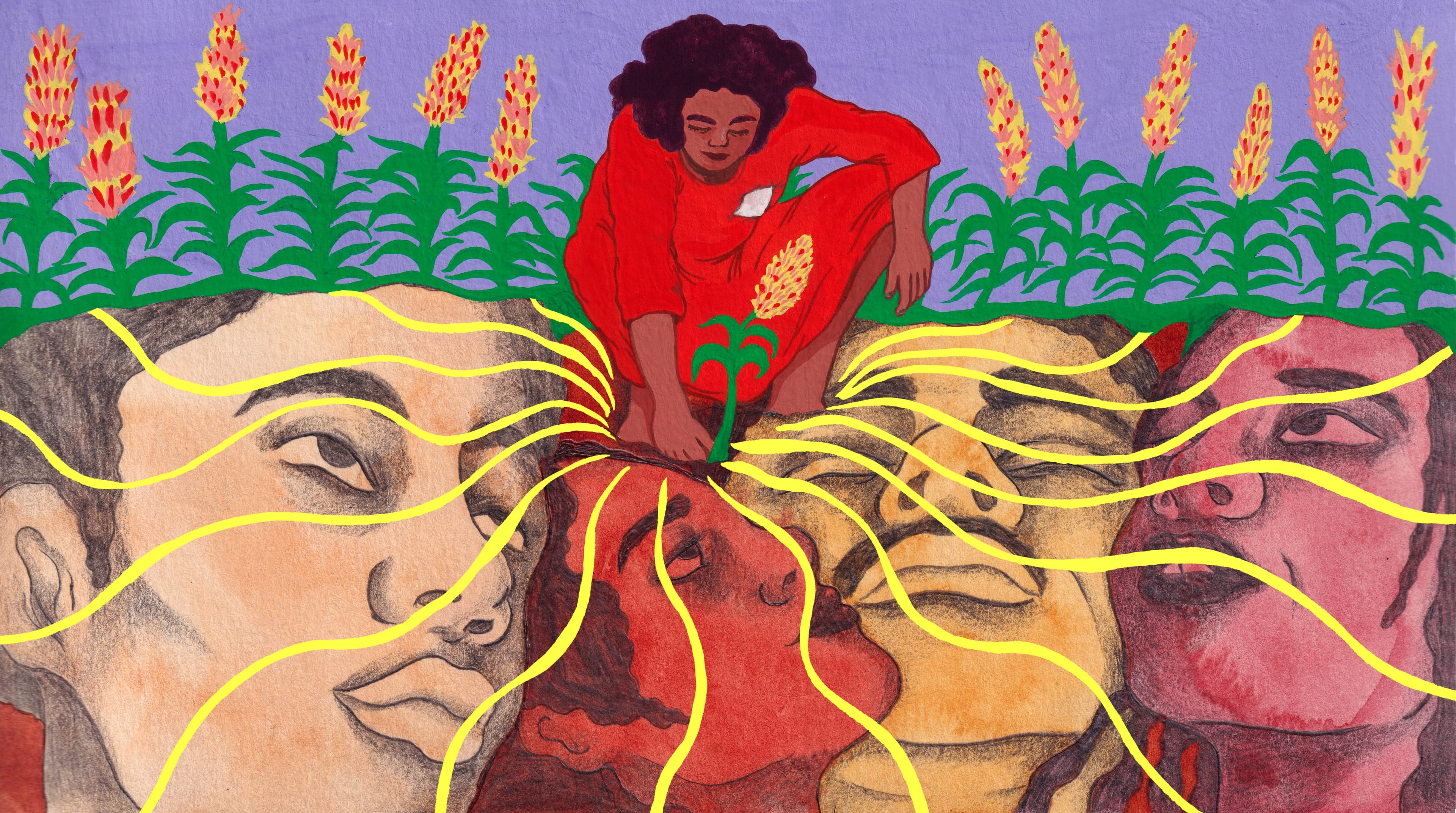 A drawing of a figure putting her fist into the ground which emanates yellow tendrils into the soil. The soil shows 4 faces.