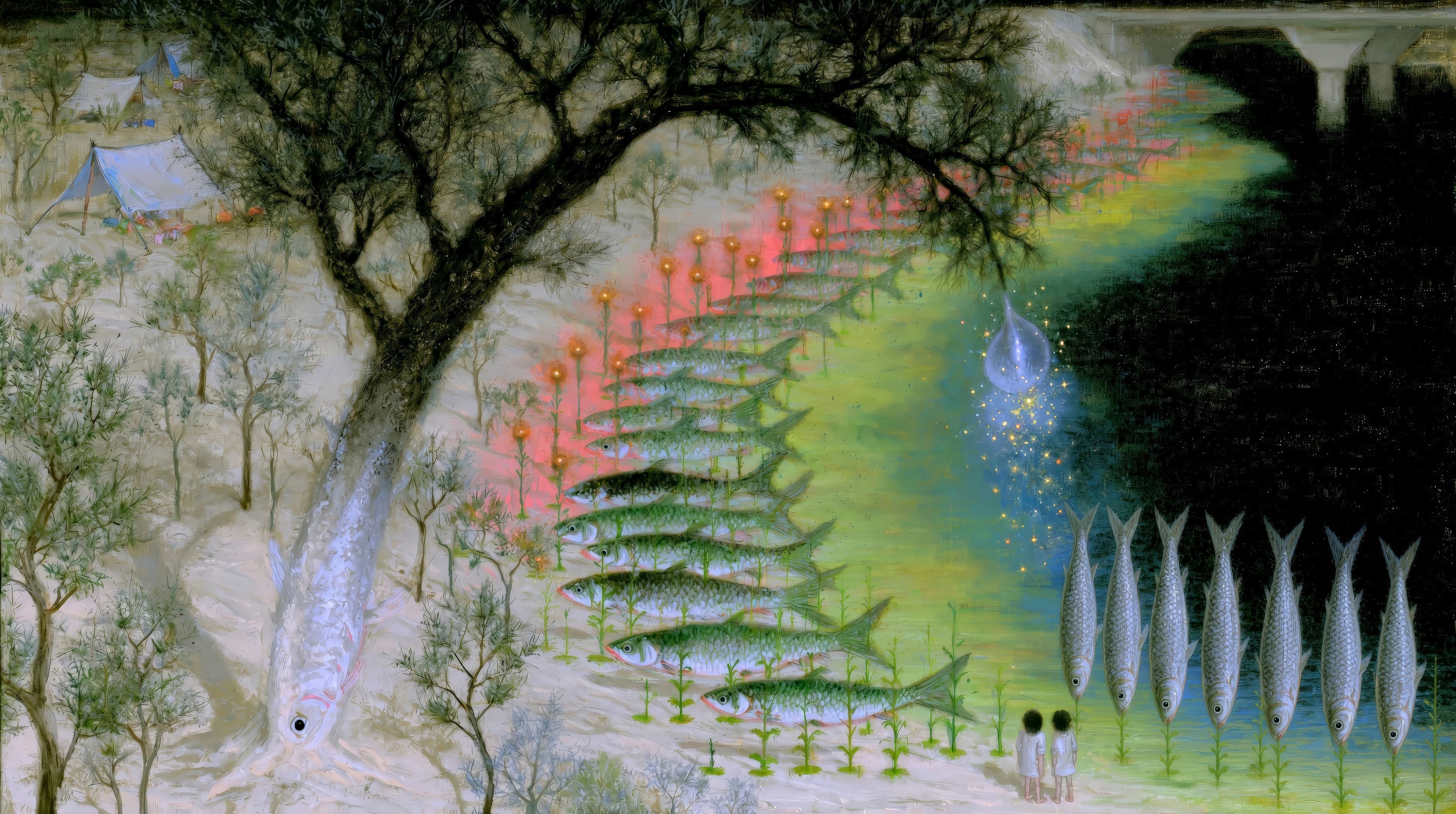 An illustration of a series of fish growing as trees as two young figures look on.