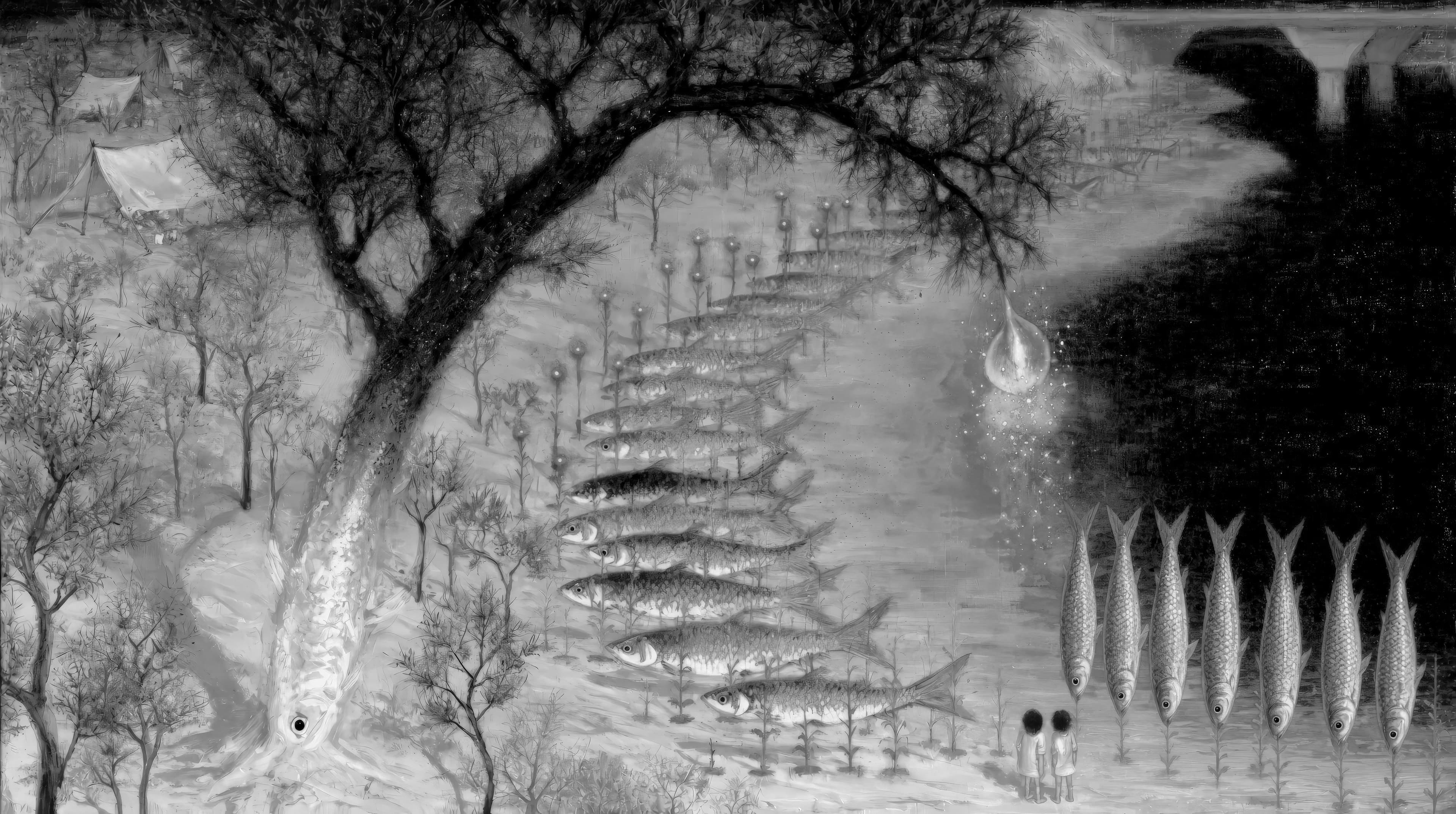 An illustration of a series of fish growing as trees as two young figures look on.