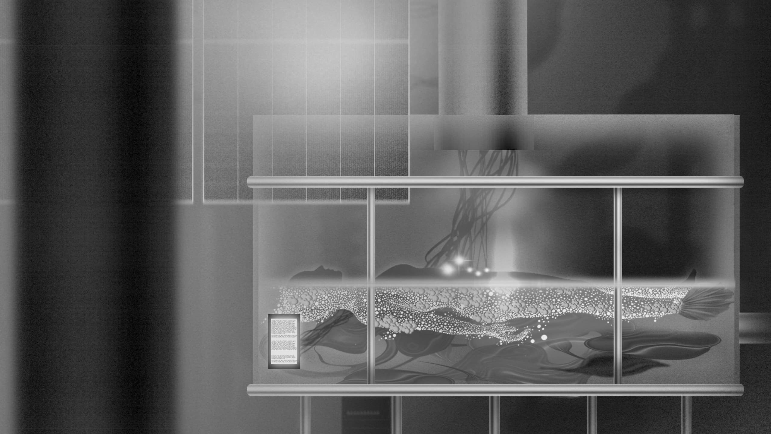 An illustration of a fish tank with an outline of a body turning into bright particles. 