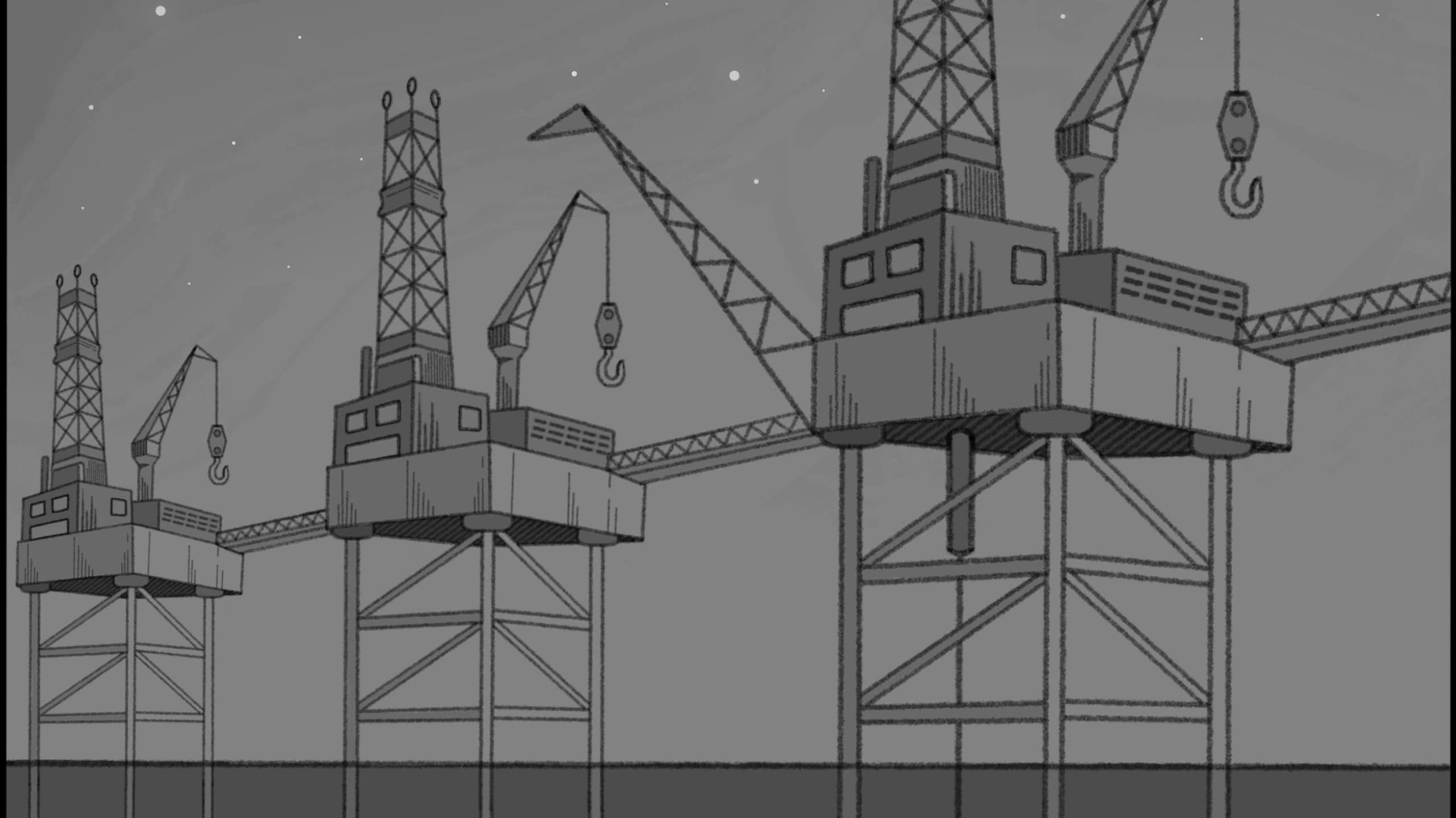 An illustration of three ocean rigs