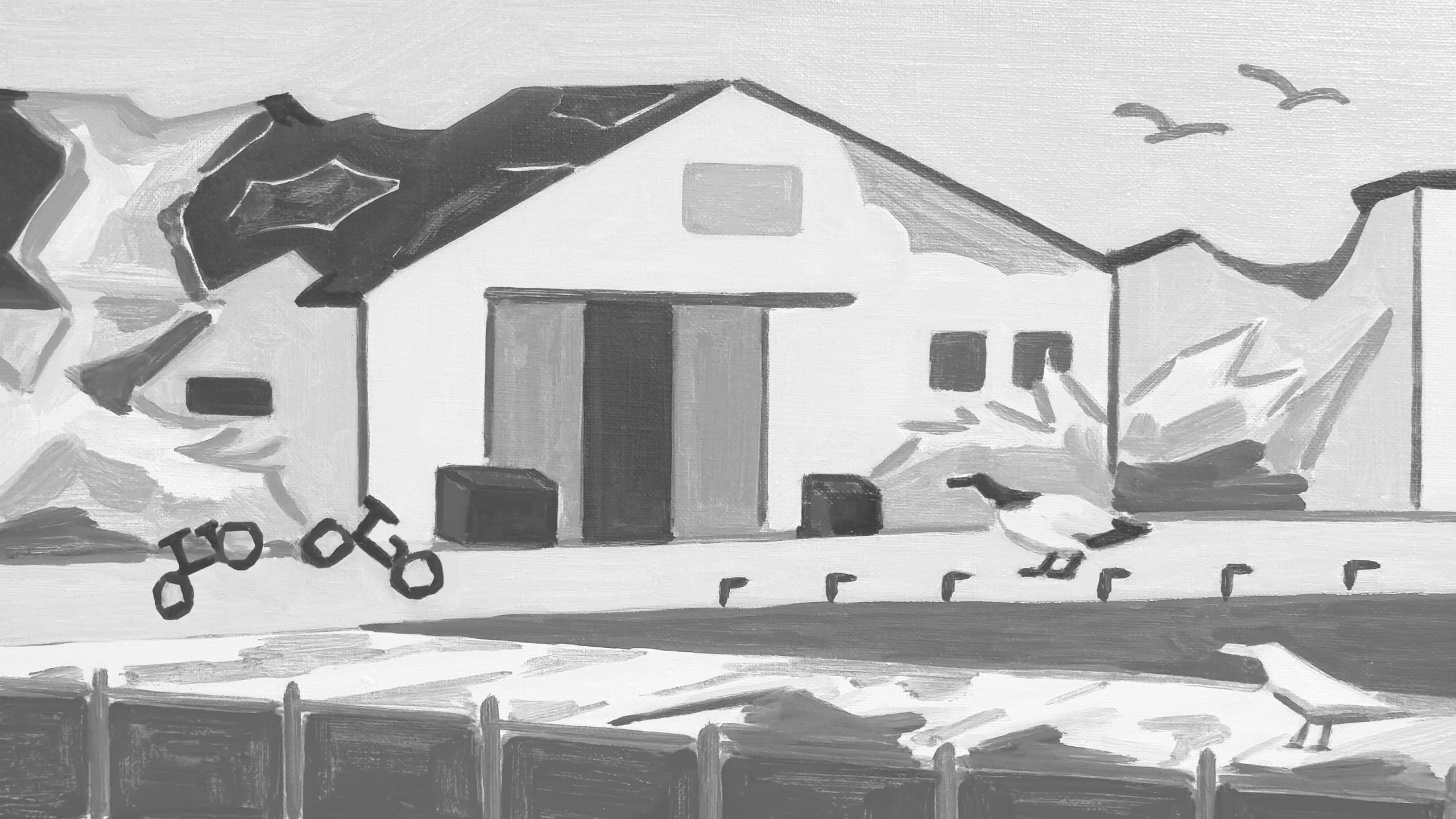 A painting of a quaint house at a dock