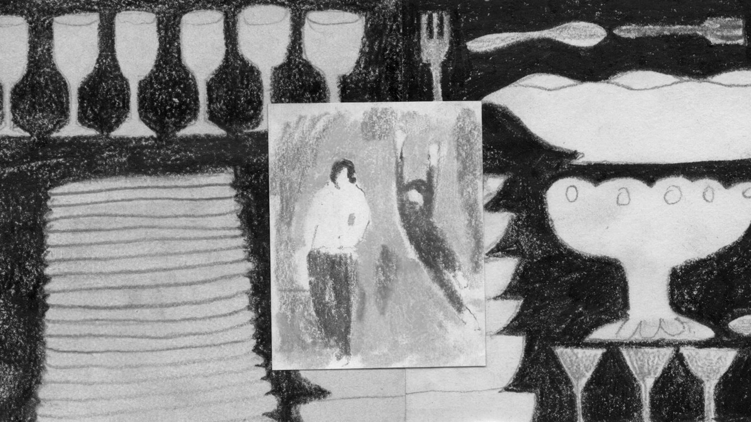 A drawing of a woman sitting at a table looking into the abyss