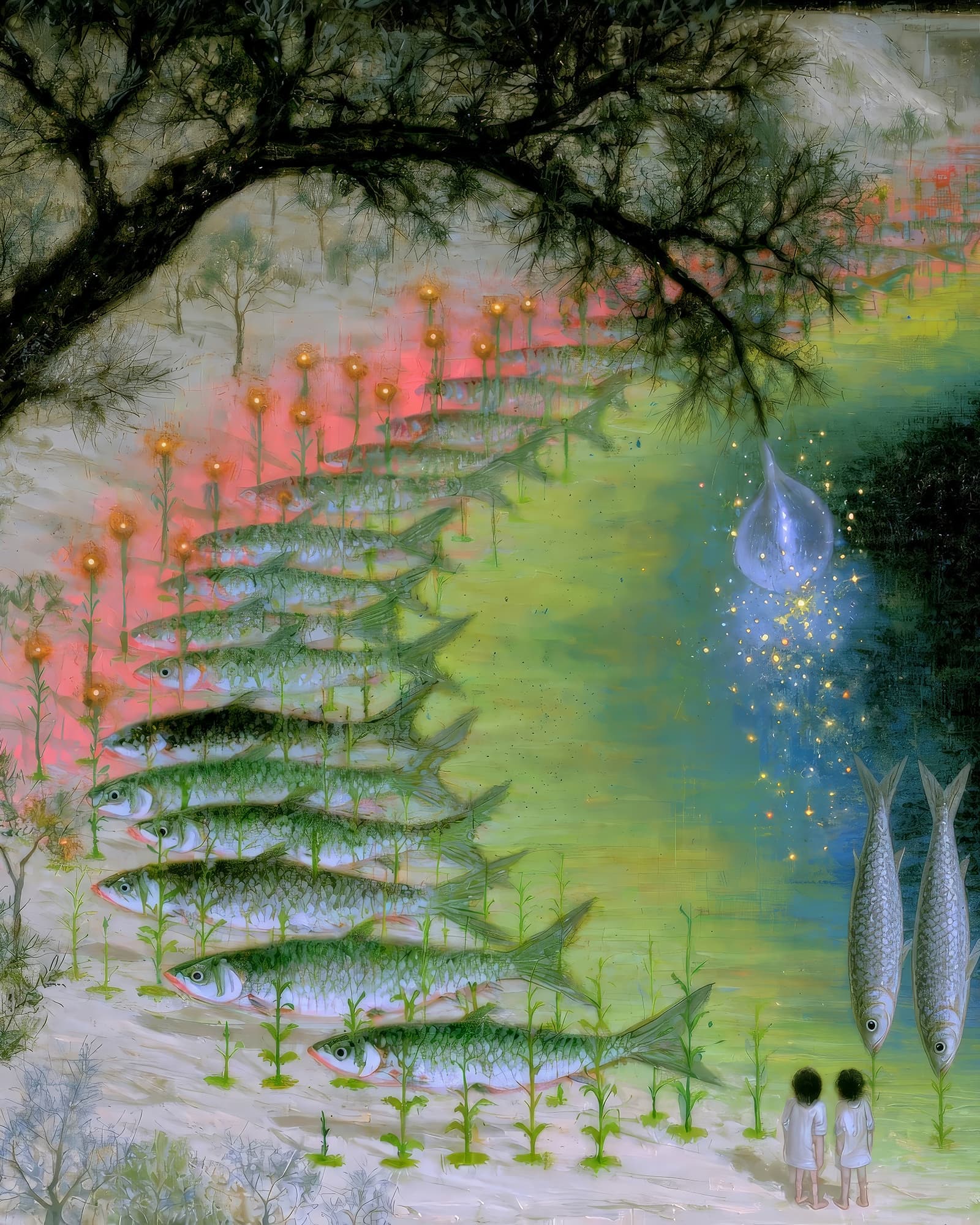 An illustration of a series of fish growing as trees as two young figures look on.