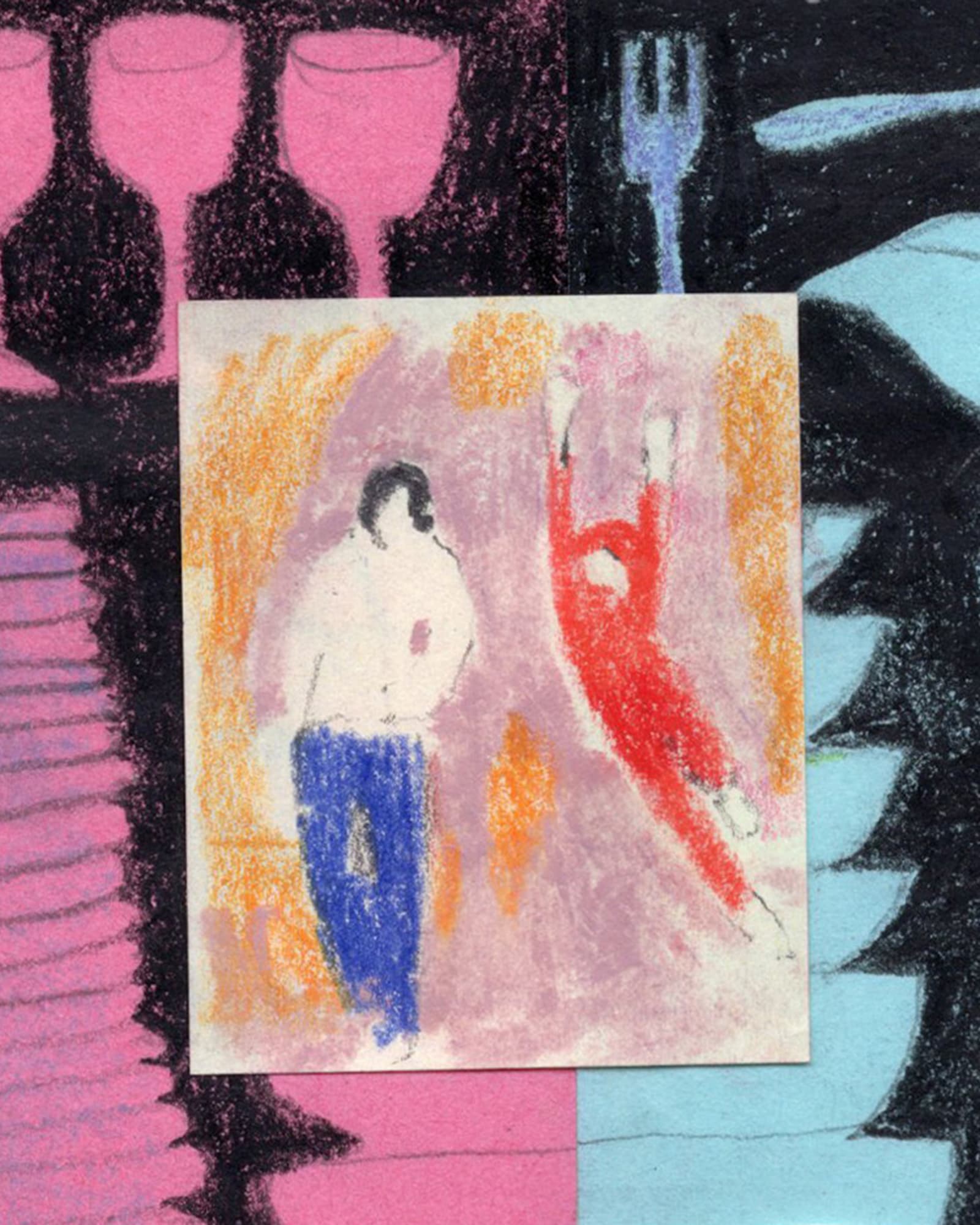 A drawing of a woman sitting at a table looking into the abyss