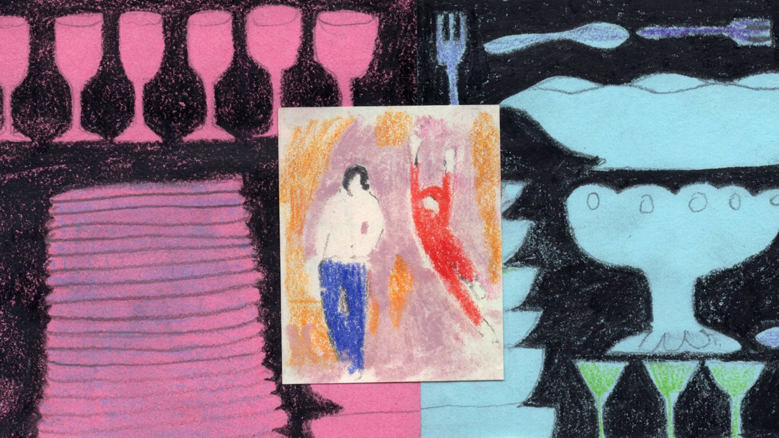 A drawing of a woman sitting at a table looking into the abyss