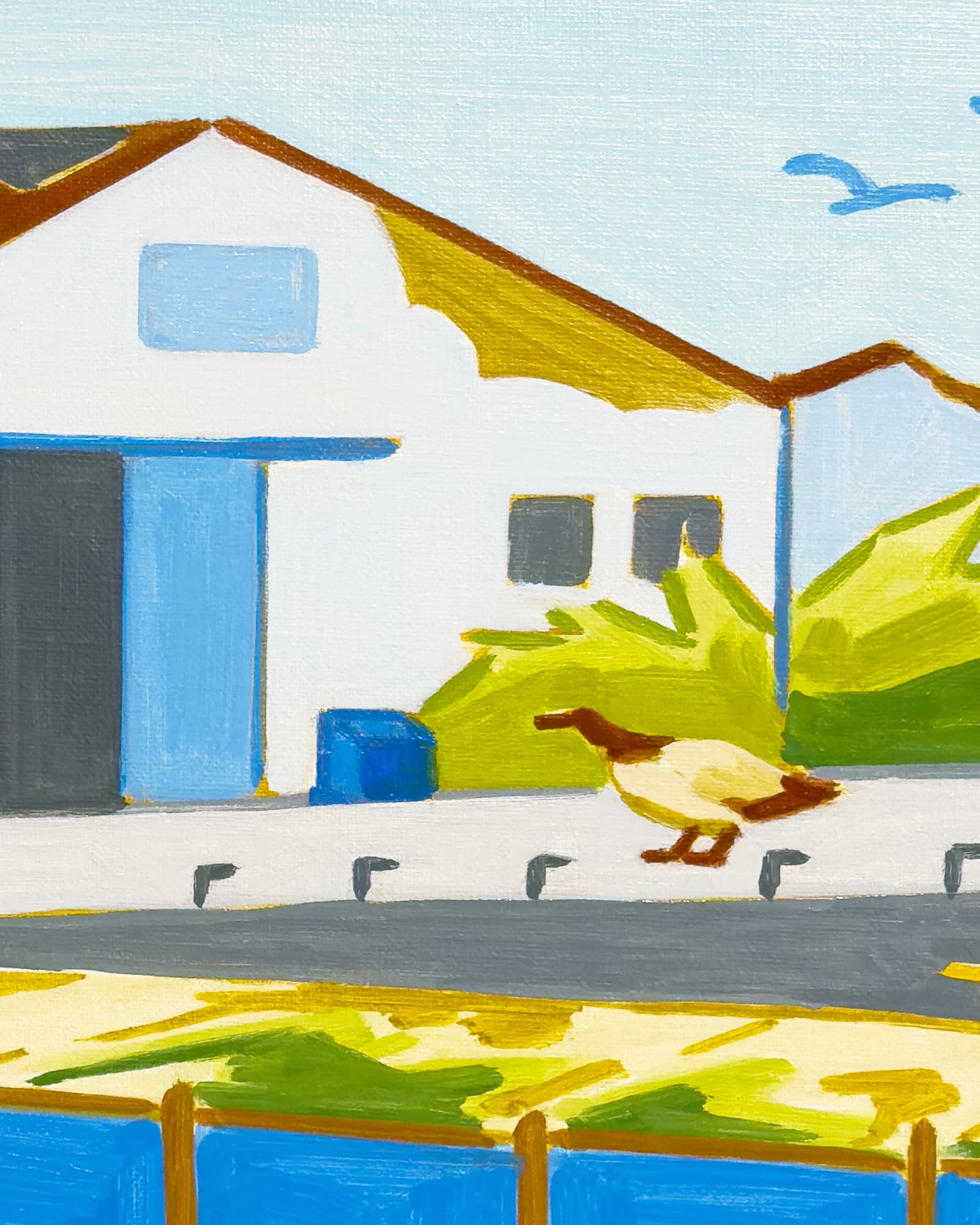 A painting of a quaint house at a dock