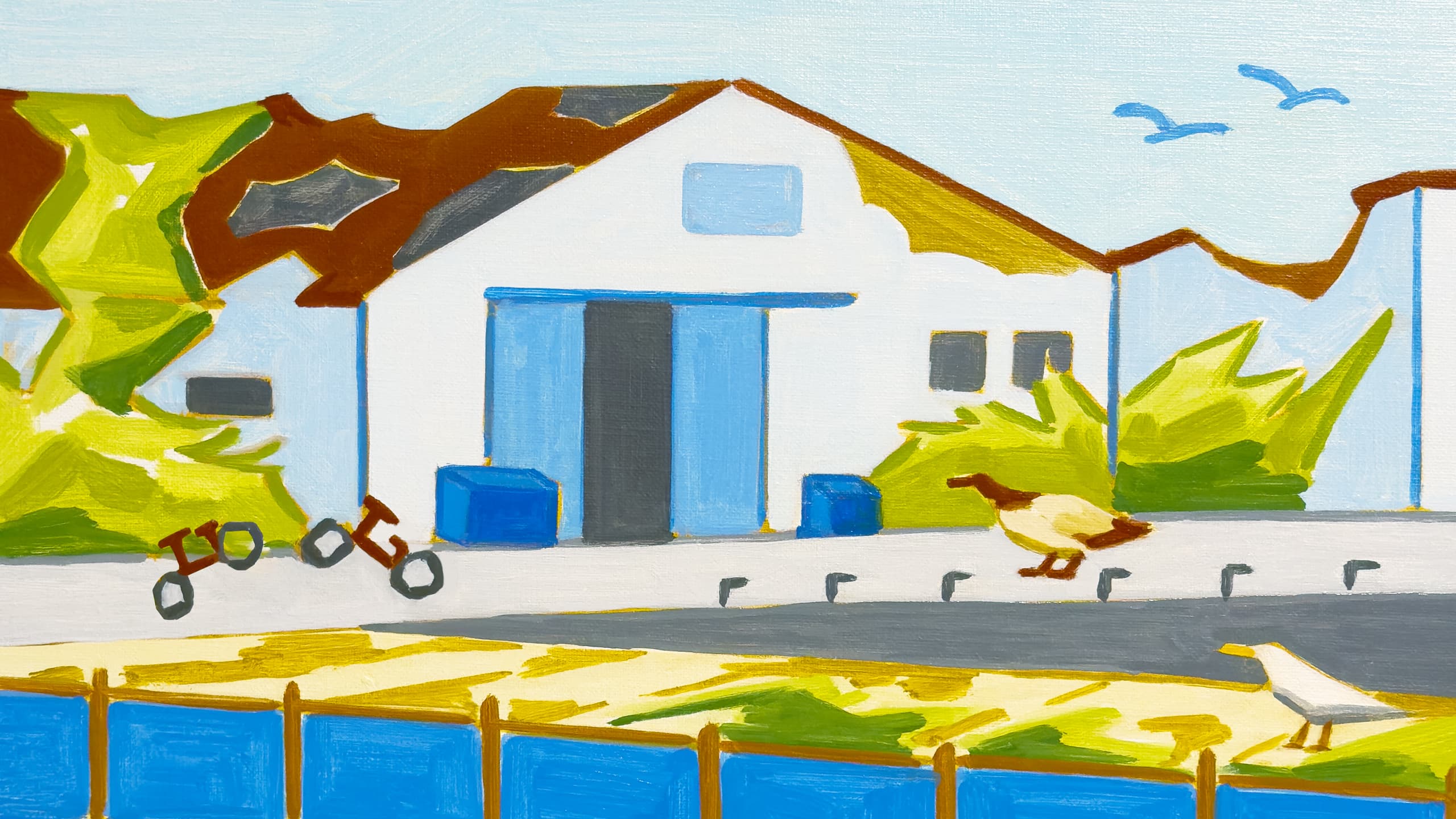 A painting of a quaint house at a dock