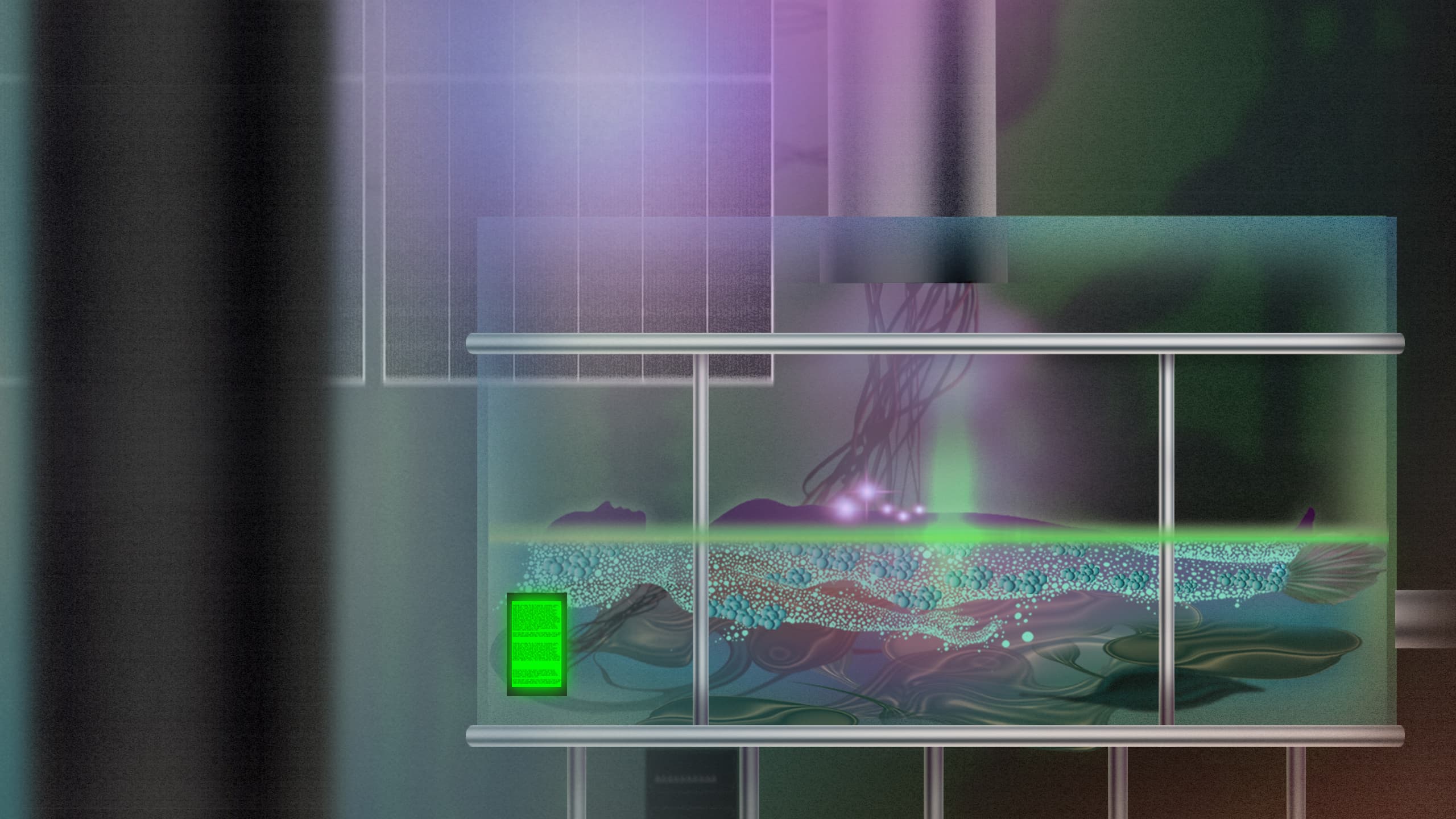 An illustration of a fish tank with an outline of a body turning into bright particles. 