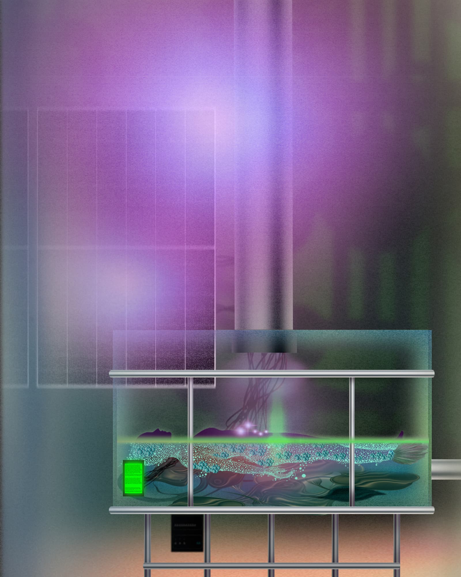 An illustration of a fish tank with an outline of a body turning into bright particles. 