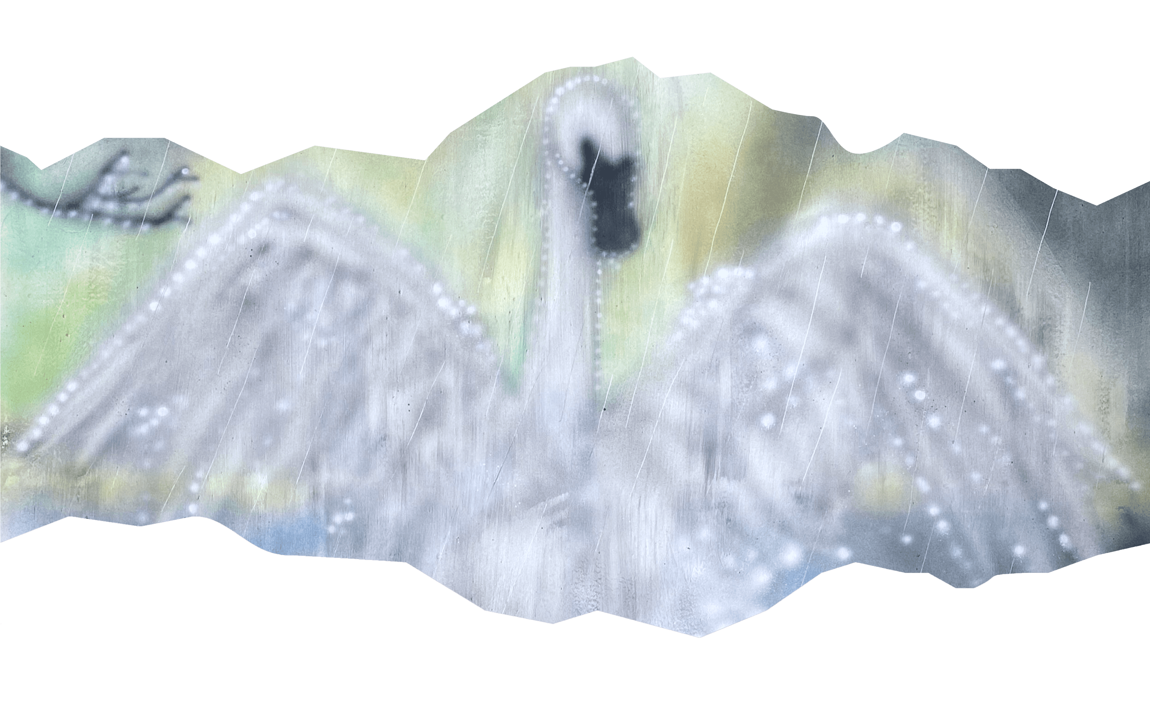 A painted ethereal white swan over a soft blue and green background, cut from the bottom and top by pink strata lines